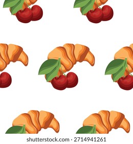 pattern with baked croissants and cherry icons next to it, indicating the taste of the pastry, for menus and various food designs	