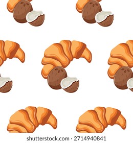 padrão com croissants cozidos com recheio de fruta, nomeadamente com recheio de coco, para menus e vários desenhos de alimentos	