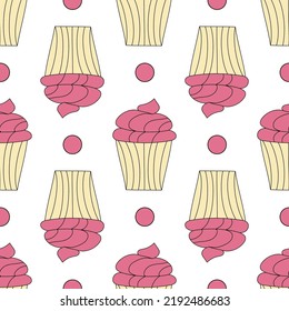 Pattern of baked dough with pink filling on white background. Vector image for notebook or textile design