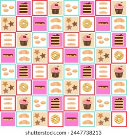 Pattern with baked goods. Colored square blocks with illustration. Buns and bread. croissants and cupcake. A piece of cake and a donut. Vector.