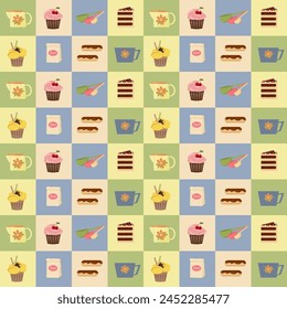 Pattern with baked goods and utensils. Celebration atmosphere. Cakes and cake, cups and coffee pot. Vector with colored square blocks.