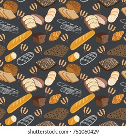  Pattern of bakery food bread, rye bread, ciabatta, wheat bread, whole grain bread on black background