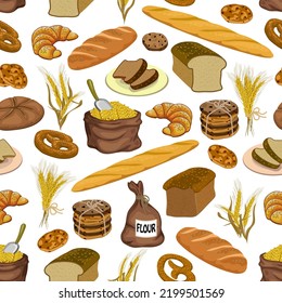 Pattern with bakery products.Vector pattern with ears, flour and bakery products on a transparent background.