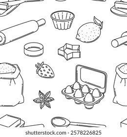 Pattern with bakery utensils. Cooking tools for home and recipe items.