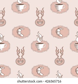 Pattern with baking, coffee or tea in the cups. It can be used to design menus in cafes and bakeries.