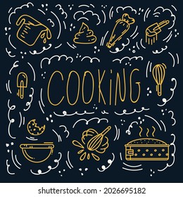A pattern with baking ingredients. Pattern for baking dough, cookies, sponge cake. Mixers, spatulas, spoons, flour, bowl, cream, pie. Linear vector doodle background for baking textiles. . Vector
