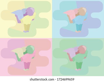 A pattern of bald men is reading a newspaper, standing with his back to the viewer.