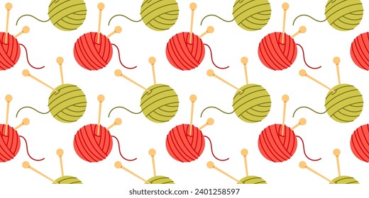 Pattern of ball of yarn and knitting needles on white background.  Flat cartoon seamless pattern of red and green yarn. 