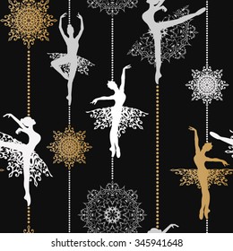 Pattern with ballerinas and snowflakes Retro Christmas pattern Seamless christmas background Vector seamless pattern