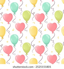 Pattern with balloons of different shapes and colors on a white background. Vector seamless pattern with colorful flying helium balloons. Festive pattern