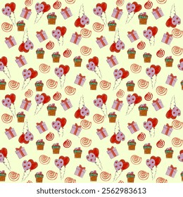 Pattern of Balloons, Gifts, and Sweets in Festive Colors on seamless trendy pattern for happy valentines day