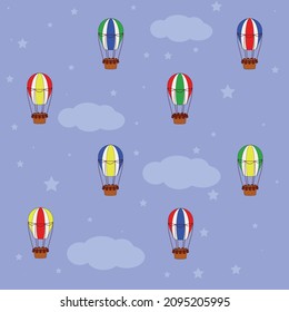 Pattern balloons on a blue background with clouds and stars, multicolored, basket with multicolored balloons in the sky, vector