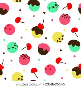 Pattern balls of colored ice cream and different flavors and sprinkles. Multi-colored ice cream on a white background with decorative elements. Cartoon vector illustration on a white background