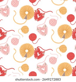 pattern of balls of yarn and threads wound around heart and circle for pompoms. cozy atmosphere. Handmade. flat, colorful, seamless texture. For packaging design, posts, themes of care, coziness.