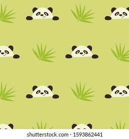 A  pattern with bamboo leaves and smiling panda face. Cute animal. Wrapping and fabric print. Colorful backdrop