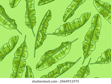 Pattern with banana palm leaves. Decorative image of tropical foliage and plants.