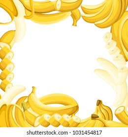 Pattern of banana and slices of bananas. Vector illustration with empty space for decorative poster, emblem natural product, farmers market. Website page and mobile app design.