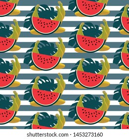 Pattern with banana and watermelon on a striped background. Summer simple print. Vector illustration.Good for summer invitation, birthday card, poster, surface texture, fabric print.