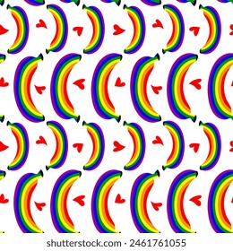 Pattern of bananas colored in a rainbow. Isolated fruits with color. A closed banana in different poses and hearts. LGBT sign. Suitable for website, blog, product packaging, home decor, stationery