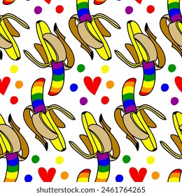 A pattern of bananas colored in a rainbow. Isolated fruits with color. An open banana in different poses and hearts. An LGBT sign. Suitable for website, blog, product packaging, home decor, stationery