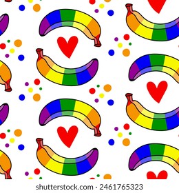 Pattern of bananas colored in a rainbow. Isolated fruits with color. A closed banana in different poses, hearts. LGBT sign. Suitable for website, blog, product packaging, home decor, stationery, more