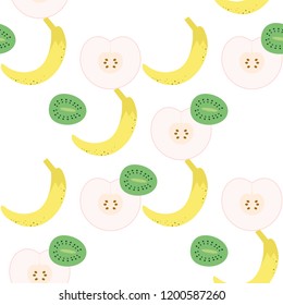 Pattern with bananas, kiwi and apples. Fresh fruit halves pattern.