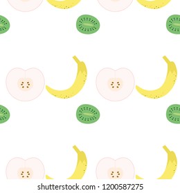 Pattern with bananas, kiwi and apples. Fresh fruit halves pattern.
