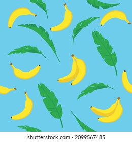Pattern of with bananas and leaf blue background. Vector tropical fruit, single and bunch yellow banana in cartoon style.