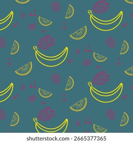 Pattern with bananas, strawberries and orange slices on a dark blue background, seamless pattern with bananas, apples and oranges. vector illustration
