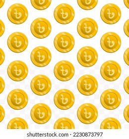 Pattern of Bangladeshi taka coins on transparent background with mini doodle (icons) and gold color. Vector Illustration