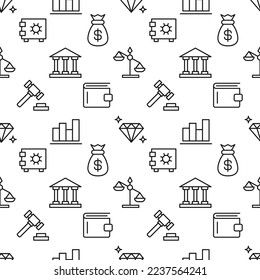 Pattern of bank, judge hummer, scales, bank, made of various line icons. Perfect for web sites, wrapping, printing on different covers 