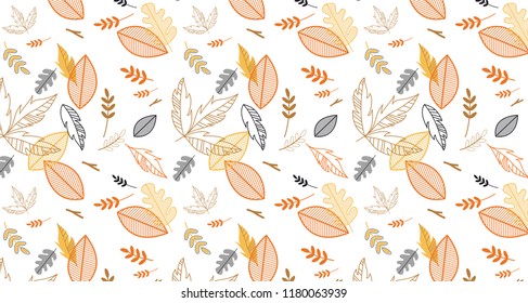 Pattern banner with hand drawn elegant autumn leaves. Design for wallpaper, gift paper, pattern fills, web page background, autumn greeting cards