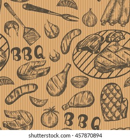 Pattern with barbecue food on craft paper. Grill hand drawn meat products on brown background. Grill Sketch Seamless texture. Vector Illustration