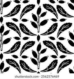 pattern of barberry, twigs and berries, art deco. Culinary herbs spices, hand-drawn. Seamless seasoning. Seamless texture symmetrical in black silhouette on white. Seasonings, spices, food additives