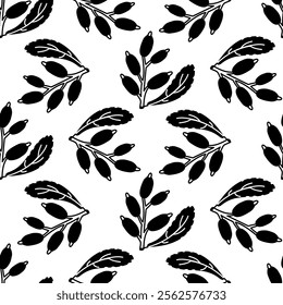 pattern of barberry, twigs and berries, art deco. Culinary herbs and spices, hand-drawn. Seamless seasoning. Seamless texture in black silhouette on a white. Seasonings, spices, and food additives