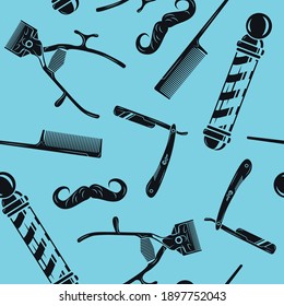 Pattern barbershop, dark icons on a blue background.