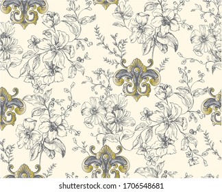 Pattern  with baroque classic element with flower brunches in bouquet  on beige background