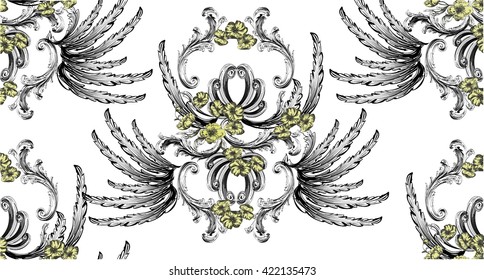 Pattern with baroque damask with leaves like a wings and small flowers on white