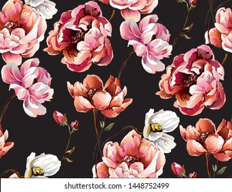 Pattern with baroque peony with buds and leaves on black background,vertical composition