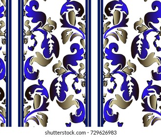 Pattern with Baroque scrolls with blue and gold on white background and stripes