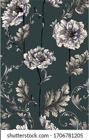 Pattern with baroque swirls with peony flowers,vertical pattern on  dark green background.