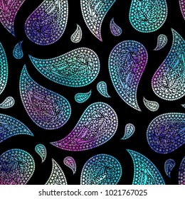 Pattern based on decorative elements Paisley. Seamless pattern in indian style on black background.