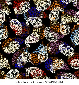 Pattern based on decorative elements Paisley on geometric black background. Seamless pattern in indian style.