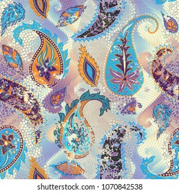 Pattern based on decorative elements Paisley. Seamless pattern in retro grunge indian style.