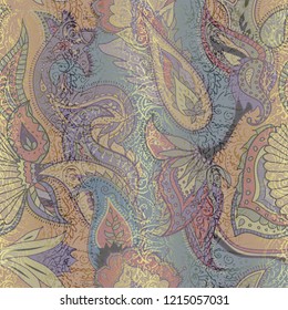 Pattern based on decorative elements Paisley. Seamless pattern in retro grunge indian style.