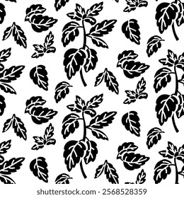 A pattern with basil sprigs. Culinary seasonings and spices, hand-drawn. repeating elements are branches and leaves. Black silhouette on a white. Seamless texture. Seasonings, spices, food additives