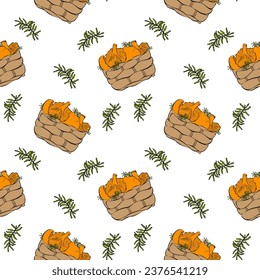 Pattern with basket of chanterelle mushrooms and moss.