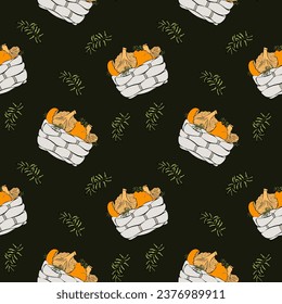 Pattern with basket of chanterelle mushrooms and moss. Dark green background.