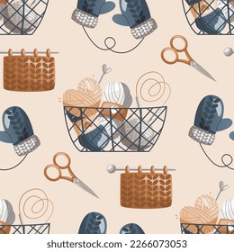 Pattern with basket with wool balls, needles, woolen mittens for knitting. Tools and equipment for knitwork, handicraft. Handmade needlework, hobby at home. Knitting studio, workshop advertising. 
