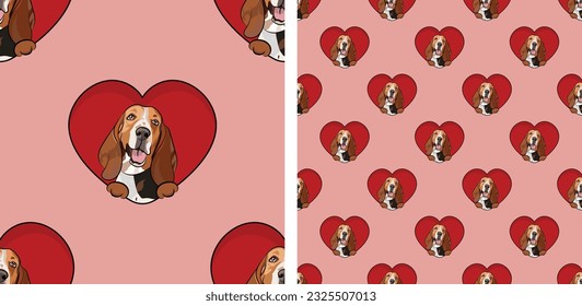 Pattern with Basset hound dog with paws, Valentine's day wallpaper with hearts. Pet head holiday love texture. Dog face holding Heart, cartoon square background. St Valentine's day present, card.